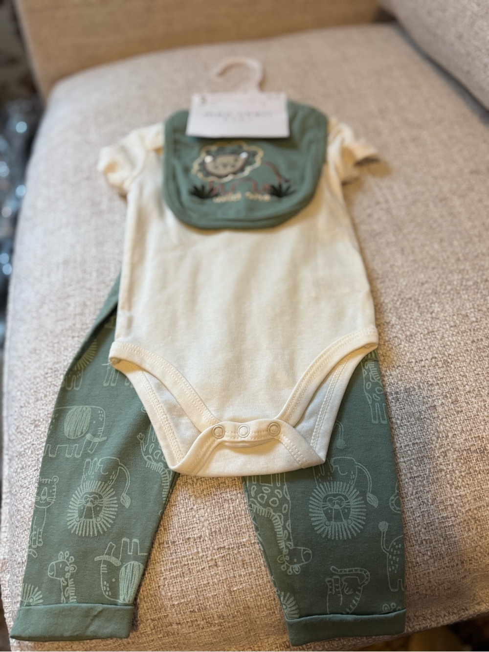 Mon Cheri Cream One-Piece with Sage Animal Print Pants & Bib